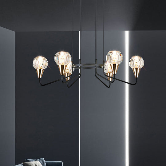 Minimalist Black Chandelier with Round Crystal Shade- 6/8 Bulbs Living Room Suspension Light