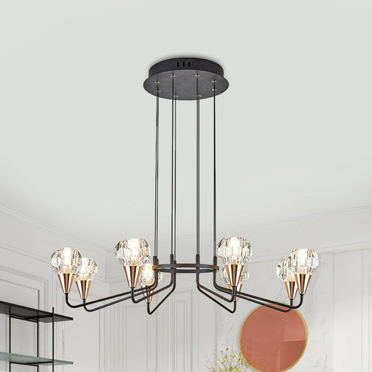 Minimalist Black Chandelier With Round Faceted Crystal Shade - 6/8 Bulb Living Room Suspension Light