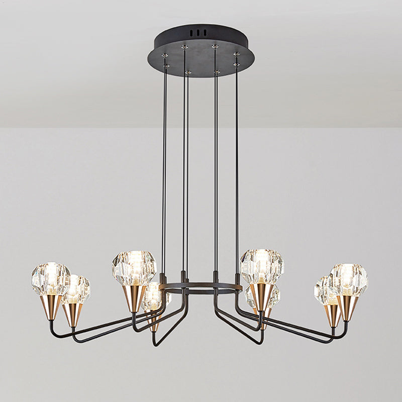 Minimalist Black Chandelier With Round Faceted Crystal Shade - 6/8 Bulb Living Room Suspension Light