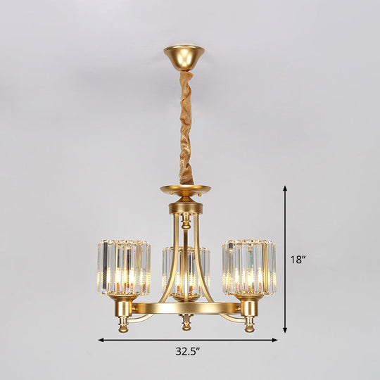 Contemporary 3/6-Bulb Metal Round Chandelier With Drum Crystal Prisms Shade - Gold Ceiling Pendant