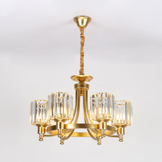 Contemporary Metal Round Chandelier - Gold Ceiling Pendant Light with Drum Crystal Prisms Shade (3/6-Bulb)