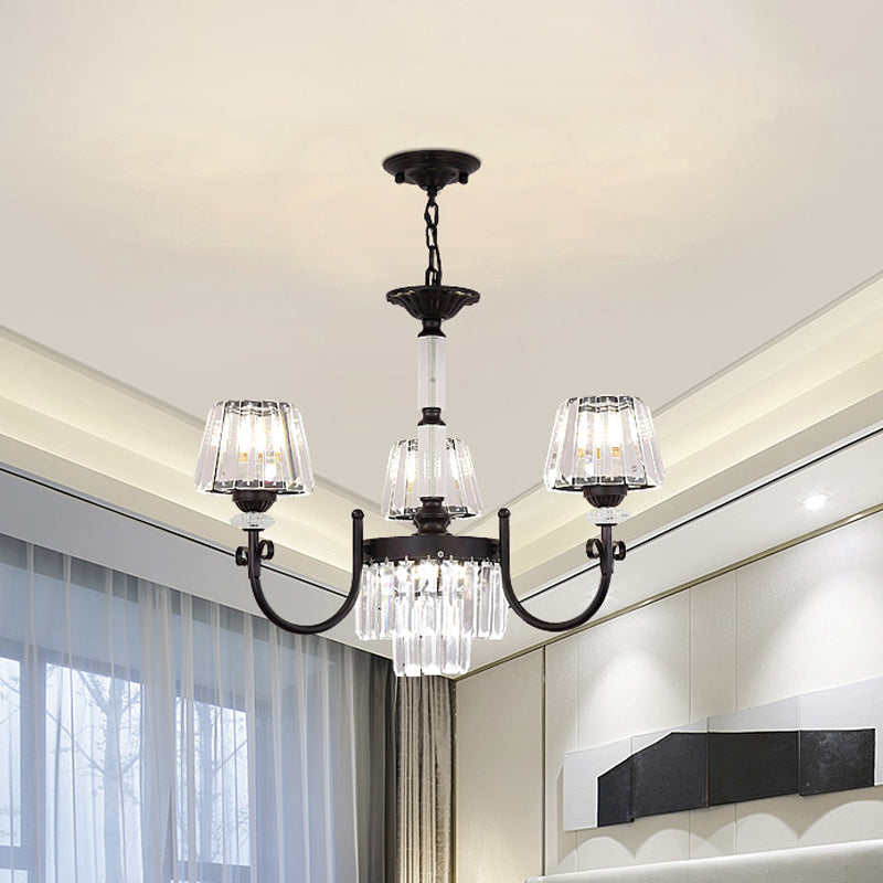 Modern Conical Crystal Prisms Pendant Chandelier With Curved Arm 3/6 Black Heads Ceiling Drop Design