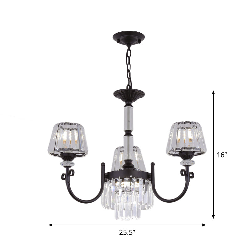 Modern Conical Crystal Prisms Pendant Chandelier With Curved Arm 3/6 Black Heads Ceiling Drop Design