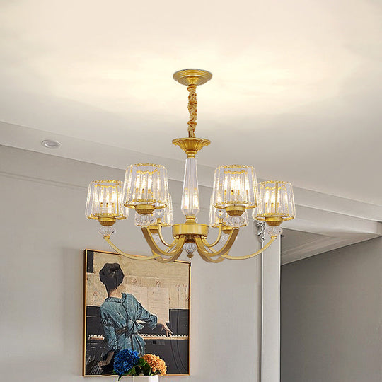 Modern Gold Crystal Block Chandelier - Barrel Dining Room Lighting 3/6 Suspended Pendant Lights