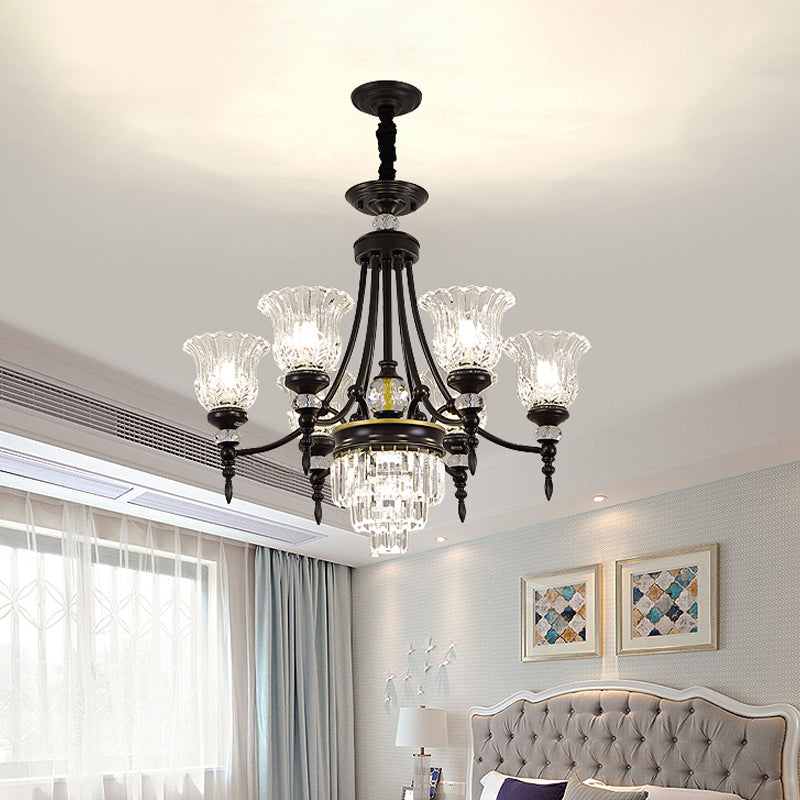 Modernism Chandelier Light: Black Flower Suspension Lamp With Beveled Crystal Shade 6/8 Bulbs 6 /