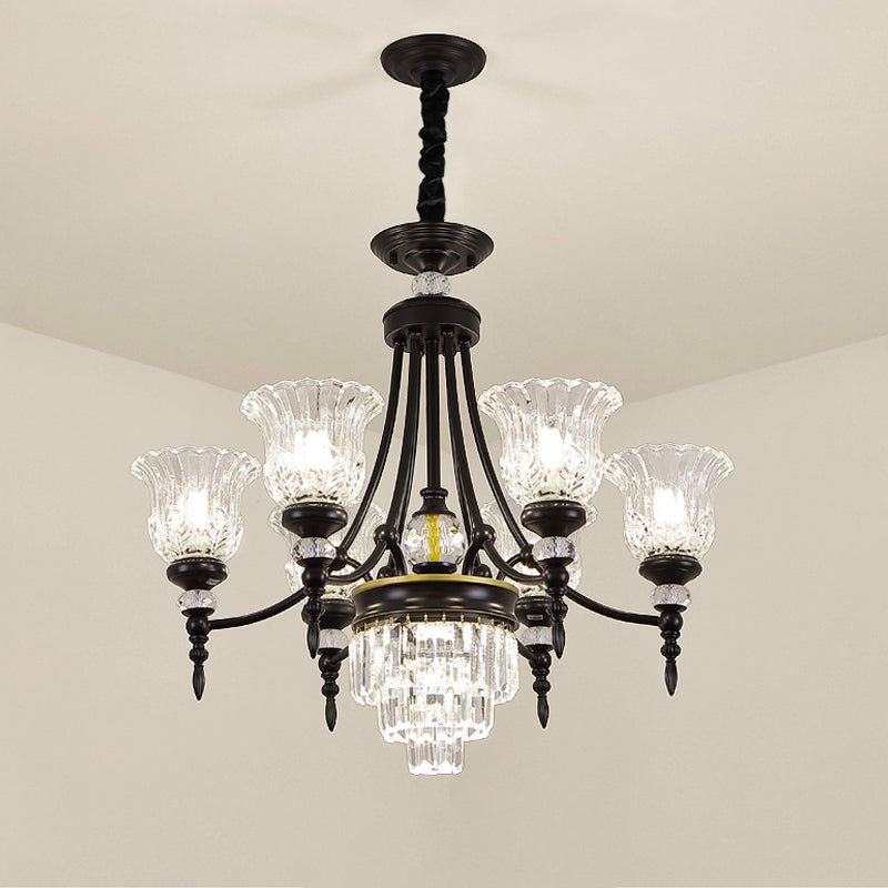 Modernism Chandelier Light: Black Flower Suspension Lamp With Beveled Crystal Shade 6/8 Bulbs