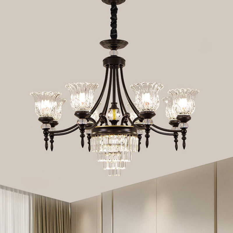 Modernism Chandelier Light: Black Flower Suspension Lamp With Beveled Crystal Shade 6/8 Bulbs 8 /