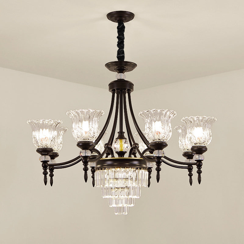 Modernism Chandelier Light: Black Flower Suspension Lamp With Beveled Crystal Shade 6/8 Bulbs