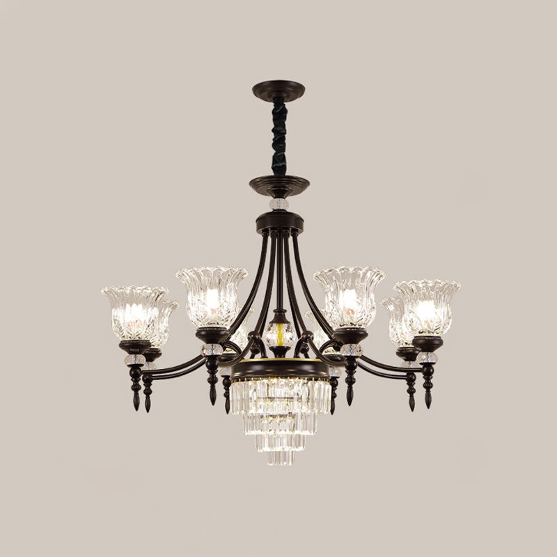 Modern 6/8 Bulbs Chandelier Black Flower Suspension Lamp with Crystal Shade