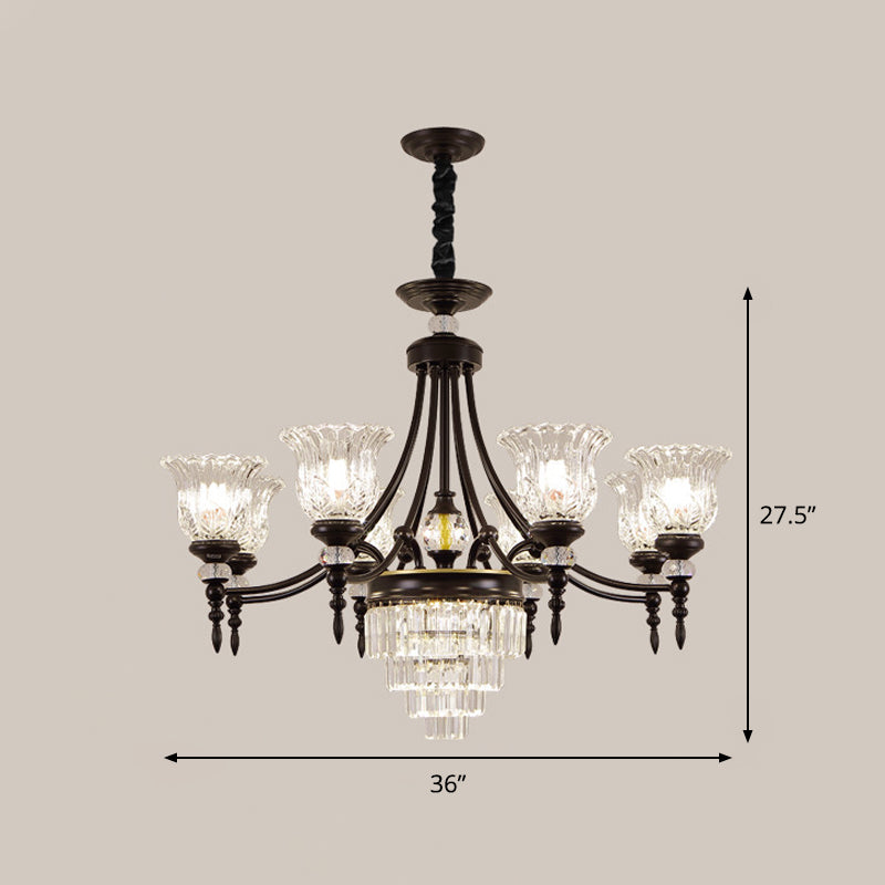 Modern 6/8 Bulbs Chandelier Black Flower Suspension Lamp with Crystal Shade
