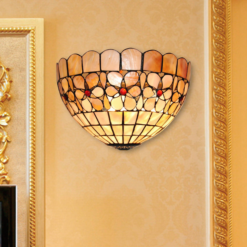 Tiffany Shell Wall Mount Light: Light Floral Sconce In Beige For Staircase