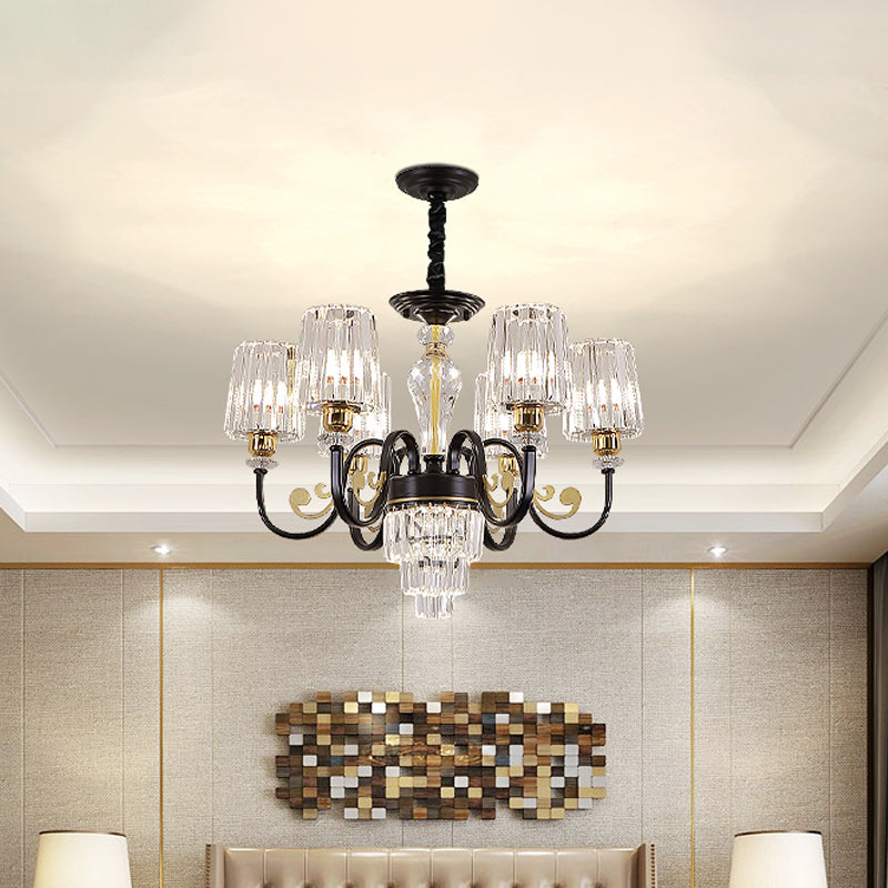 Black Tapered Ceiling Lamp | Simplicity Crystal Chandelier Lighting Fixture 6/8 Lights Scroll Arm