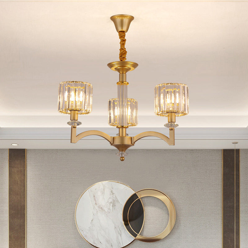 Modern Drum Crystal Ceiling Chandelier - 3/8 Gold Heads Suspended Lighting Fixture For Parlor 3 /