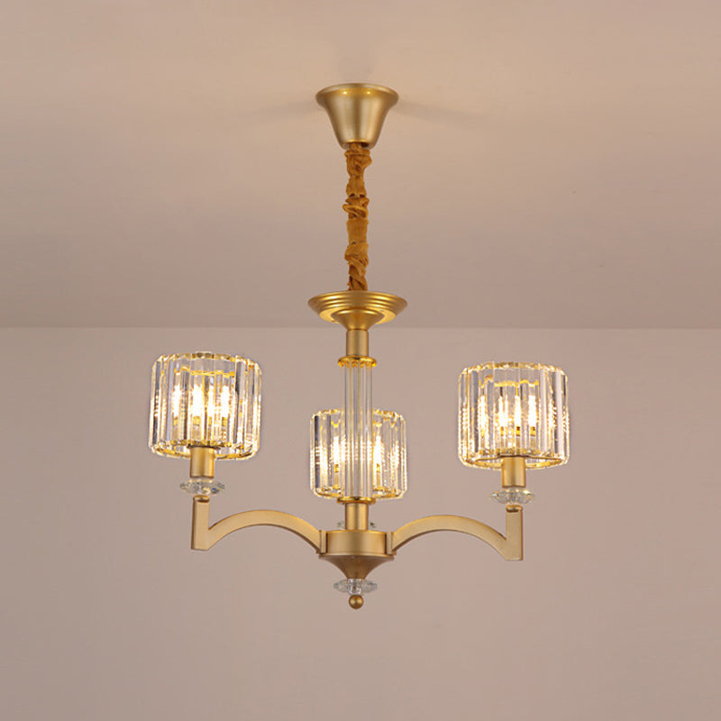 Modern Drum Crystal Ceiling Chandelier - 3/8 Gold Heads Suspended Lighting Fixture For Parlor