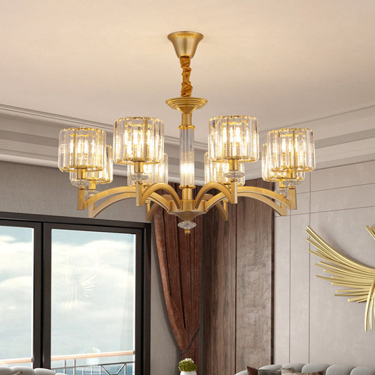 Modern Drum Crystal Ceiling Chandelier - 3/8 Gold Heads Suspended Lighting Fixture For Parlor