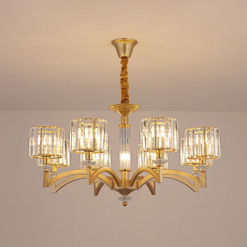 Modern Drum Crystal Ceiling Chandelier - 3/8 Gold Heads Suspended Lighting Fixture For Parlor