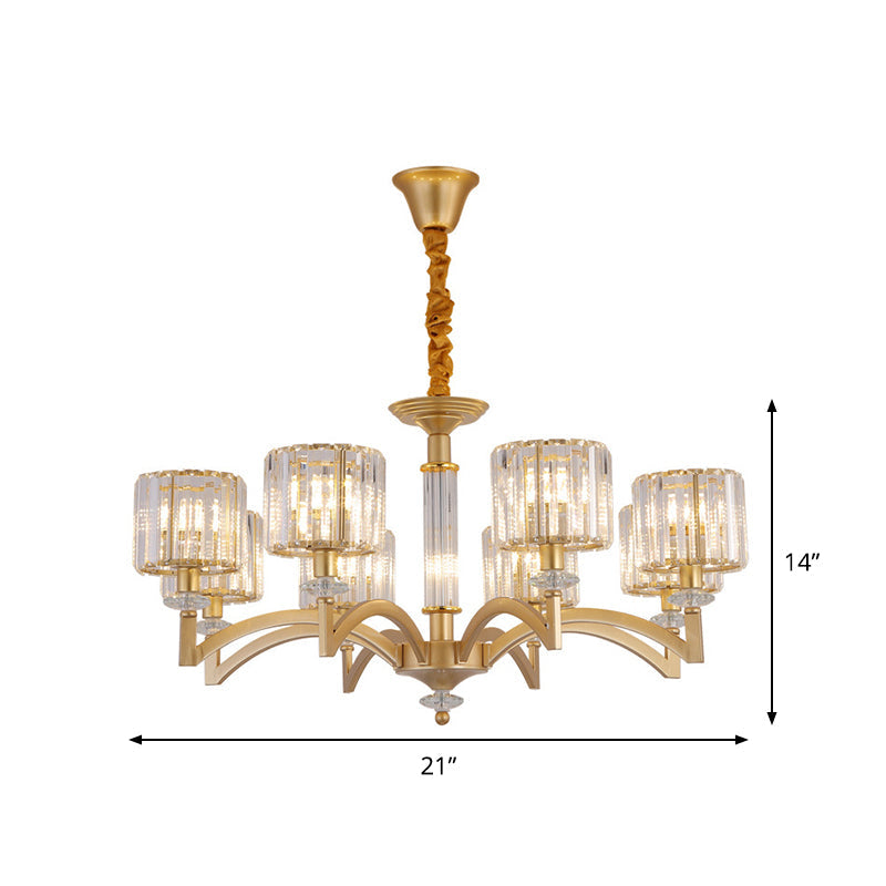 Modern Drum Crystal Ceiling Chandelier - 3/8 Gold Heads Suspended Lighting Fixture For Parlor