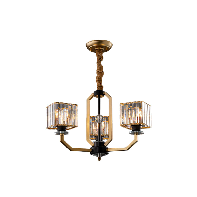 Contemporary Gold Chandelier Light - 3/6 Bulbs Dining Room Ceiling Lamp With Stylish Crystal Block