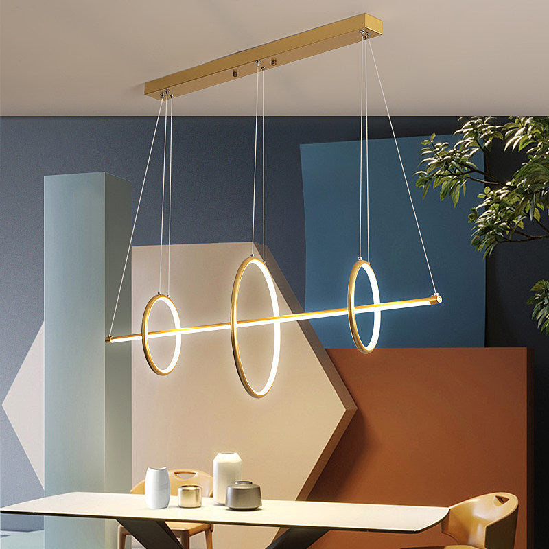 Modern Black/Gold Acrylic Linear Suspension Light With 3-Ring Design - Island Pendant Lighting