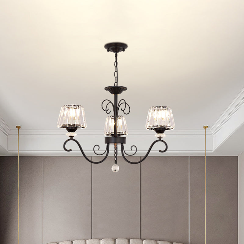 Vintage Crystal Prisms Chandelier With Conic Black Suspension Lighting - 3/6/8 Heads & Scroll Arm