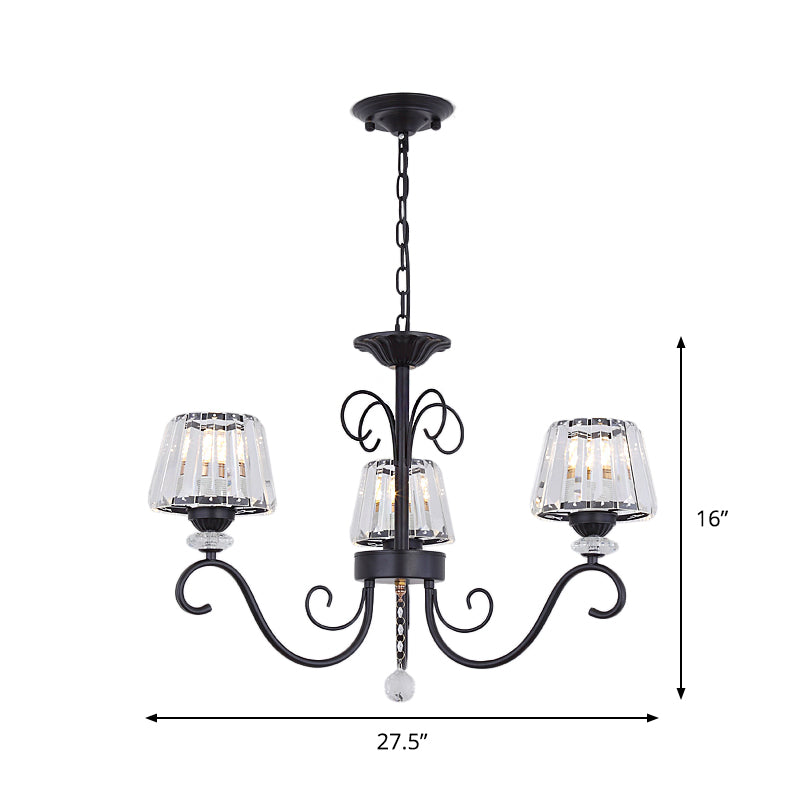 Vintage Crystal Prisms Chandelier With Conic Black Suspension Lighting - 3/6/8 Heads & Scroll Arm