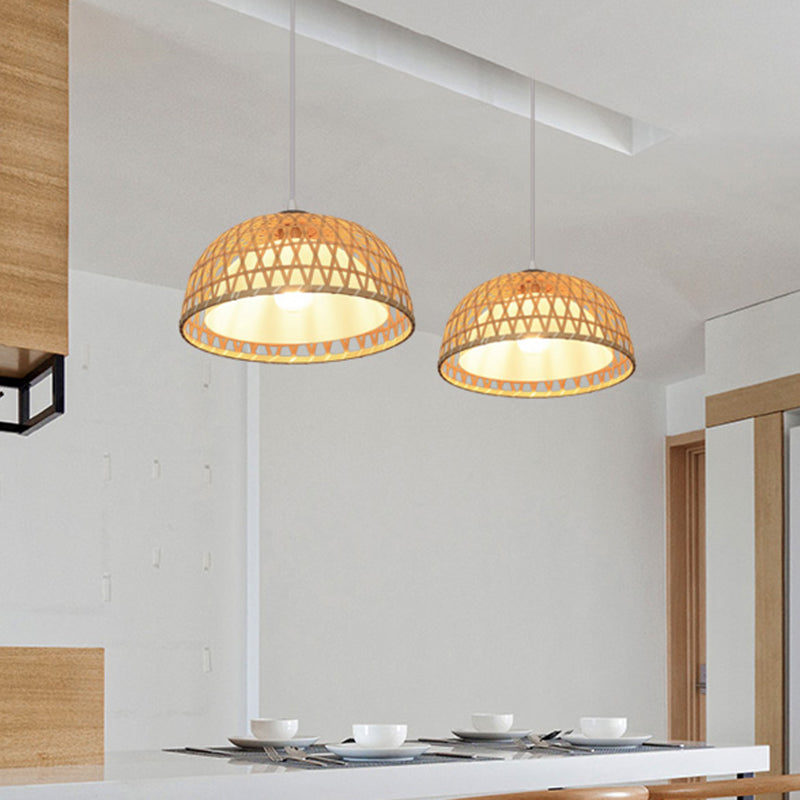 Asian Style Dome Wood Pendant Light for Restaurants - Beige