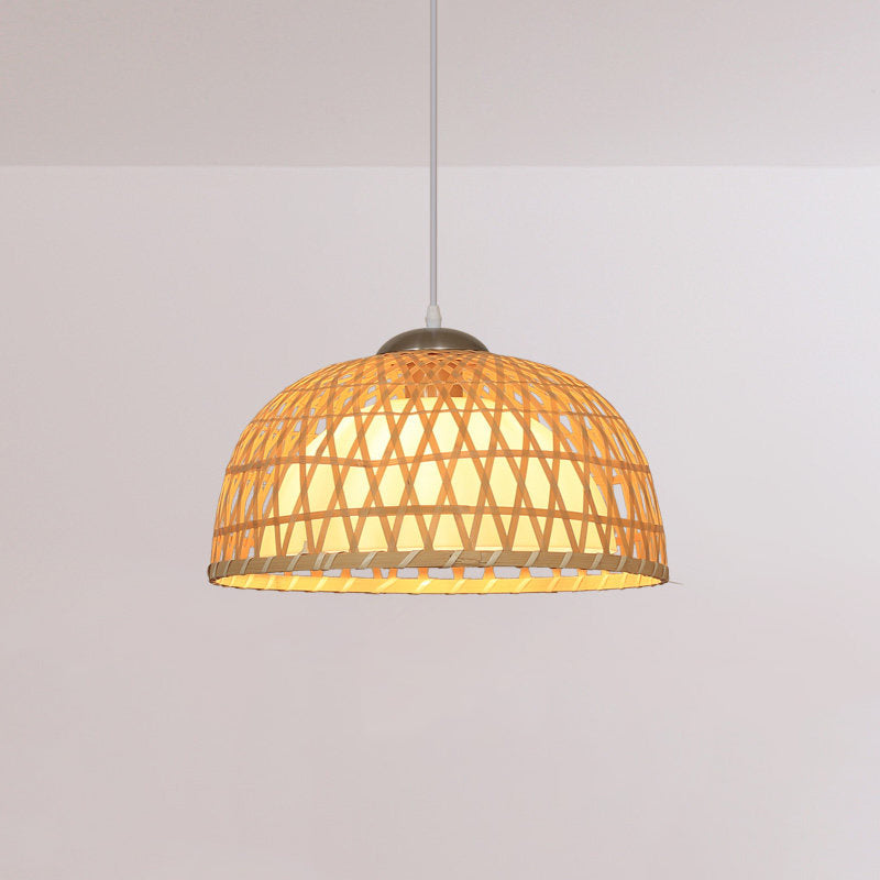 Wooden Asian Pendant Light For Restaurants - Dome Shaped Ceiling Hanging Lamp Beige 1-Light