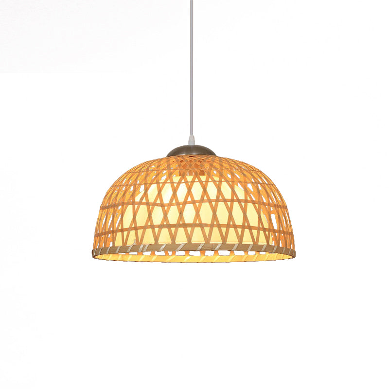 Asian Style Dome Wood Pendant Light for Restaurants - Beige