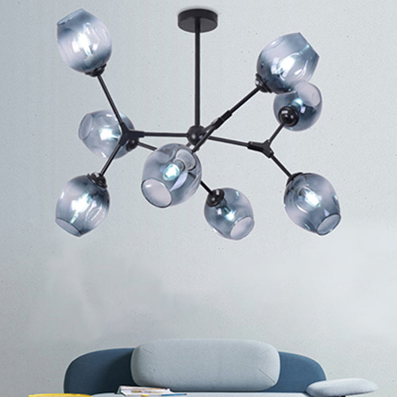 Modern Nordic Style Black Branch Chandelier With Adjustable Arm - 6/8/9 Lights Amber/Blue/Clear