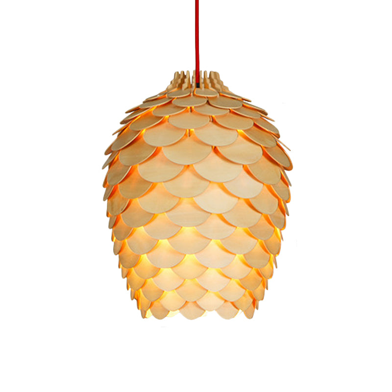 Rustic Wooden Pine Cone Suspension Light Fixture - Countryside Charm - 12"/15" Diameter - 1-Light Beige Hanging Light for Dining Room