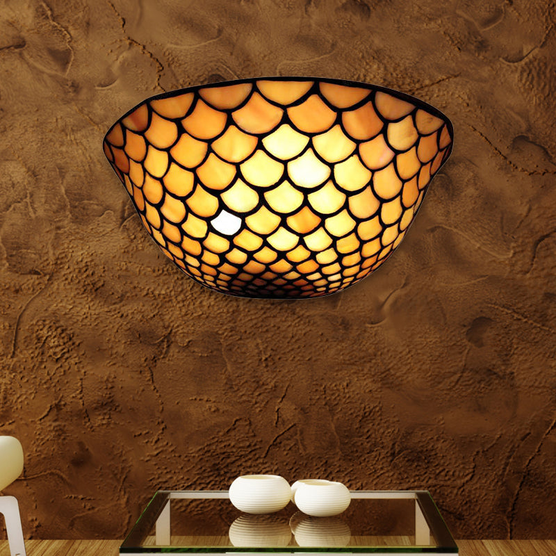 Traditional Fish Scale Sconce Lighting - Beige Glass 2 Lights For Staircase Wall Mount