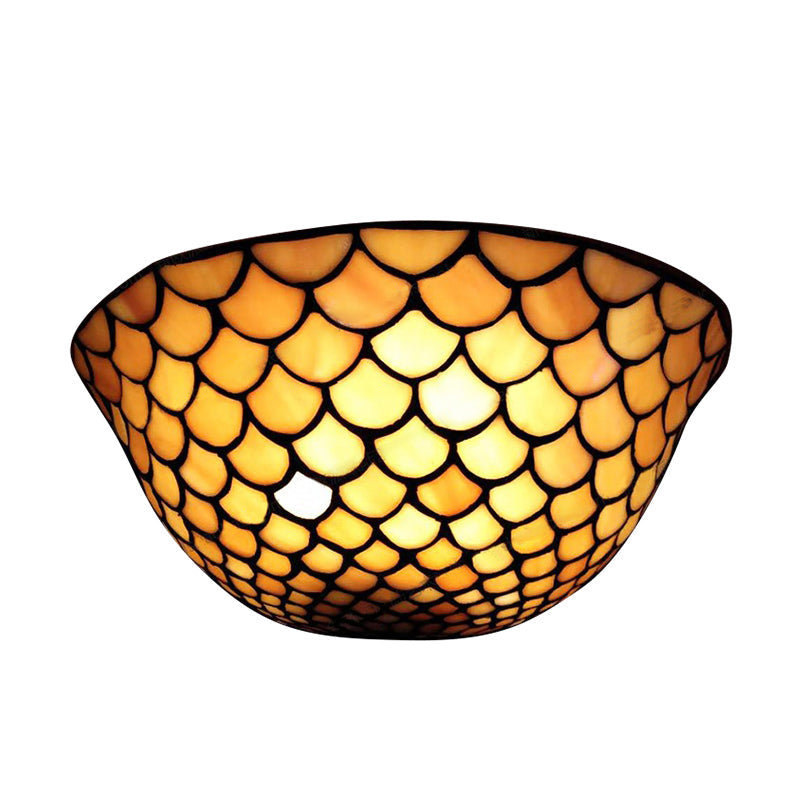 Traditional Fish Scale Sconce Lighting - Beige Glass 2 Lights For Staircase Wall Mount