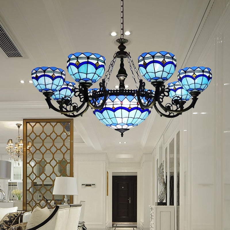 Baroque Stained Glass Chandelier - Dome Pendant Light With Jewel Decoration For Living Room Blue