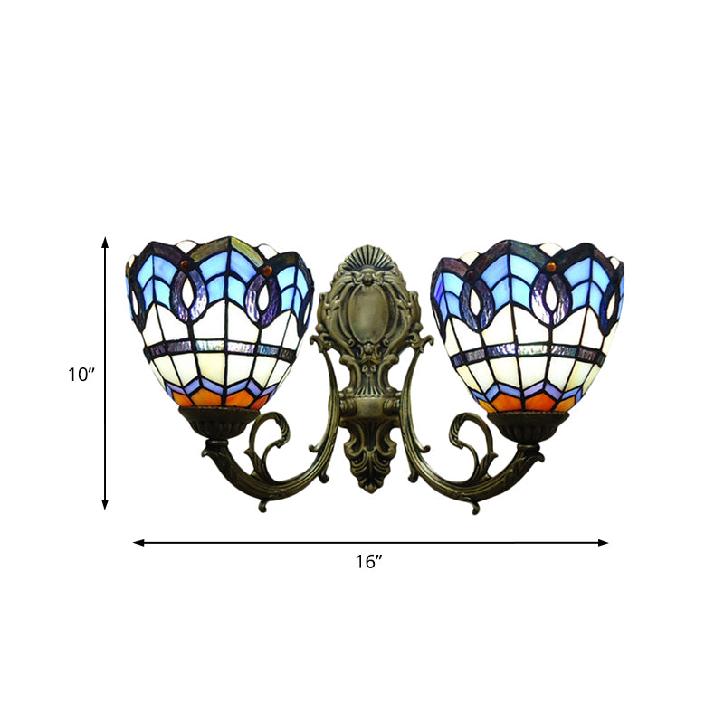 Blue Glass Shade Baroque Dome Wall Lamp: Curved Arm With 2 Lights Ideal For Bedroom Sconce Lighting