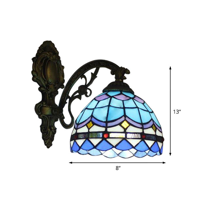 Blue Baroque Stained Glass Dome Wall Light - Bedroom Mount Fixture