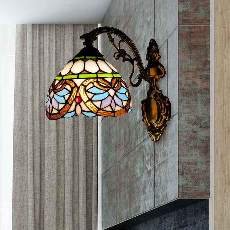1-Light Victorian Stained Glass Wall Sconce With Up/Down Lighting And Brass Curved Arm / Down