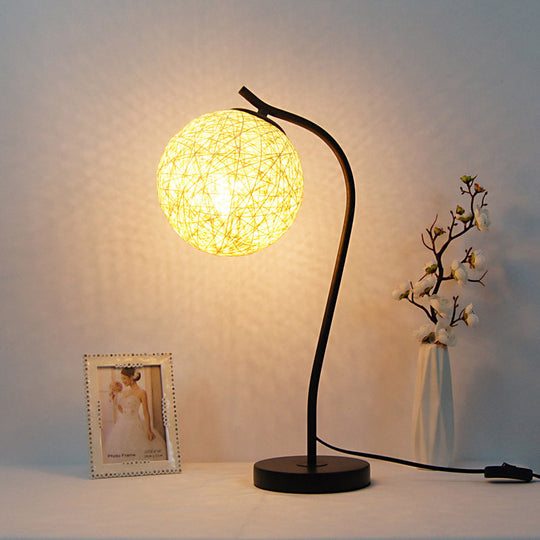 Handmade Yellow/Ivory Rattan Table Lamp - Countryside Style 1-Light With Ball Shade For Bedroom