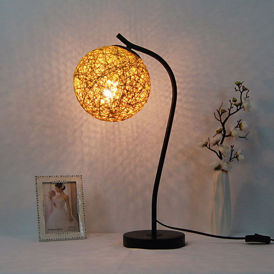 Handmade Yellow/Ivory Rattan Table Lamp - Countryside Style 1-Light With Ball Shade For Bedroom Wood