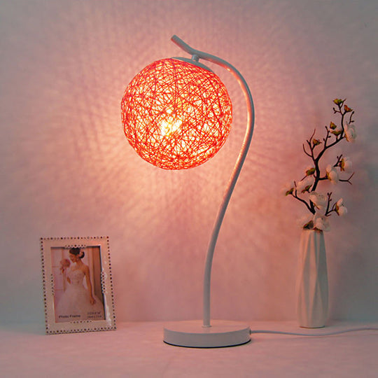 Handmade Yellow/Ivory Rattan Table Lamp - Countryside Style 1-Light With Ball Shade For Bedroom Pink