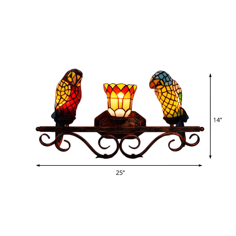 Parrot Sconce Light - 3 Lights Stained Glass Rustic Lodge Style In Copper