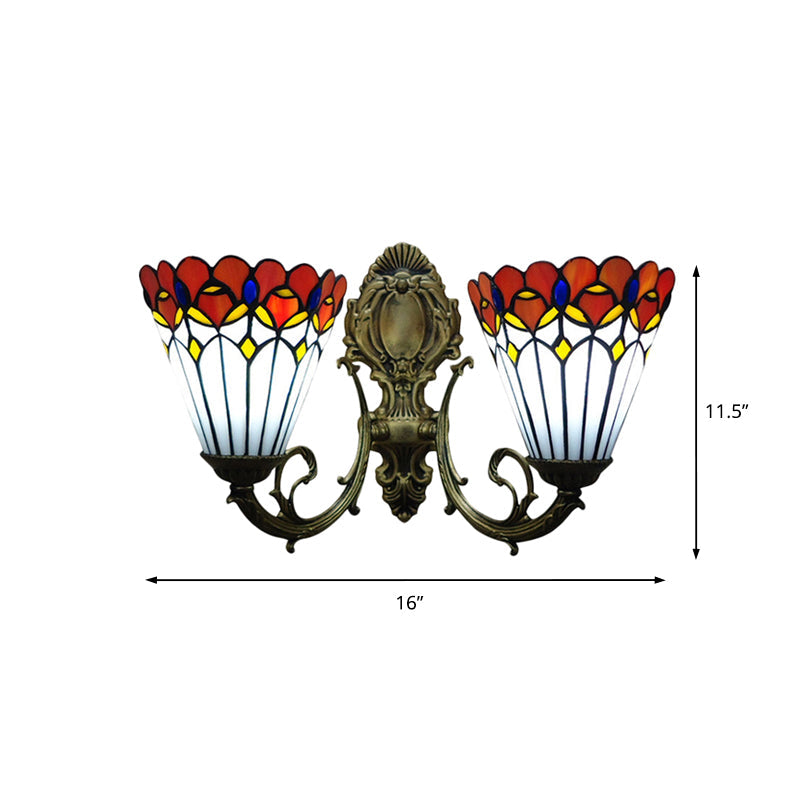Peacock Stained Glass Tiffany Wall Sconce Light With Conical Mount - Set Of 2