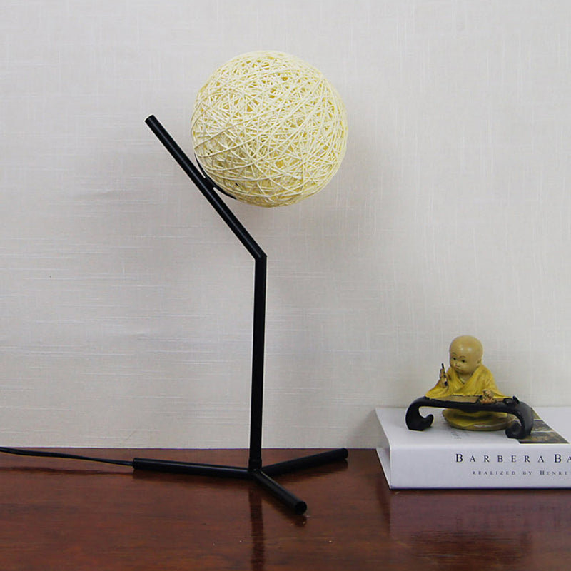 Hand Woven Rattan Table Lamp With Globe Shade - Rustic Lodge Style White