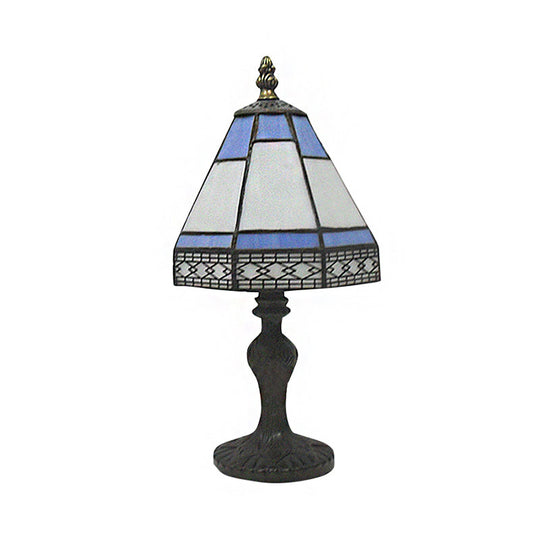 Tiffany Style Beige/Blue Conical Table Light - 1 Head Bedside Lighting