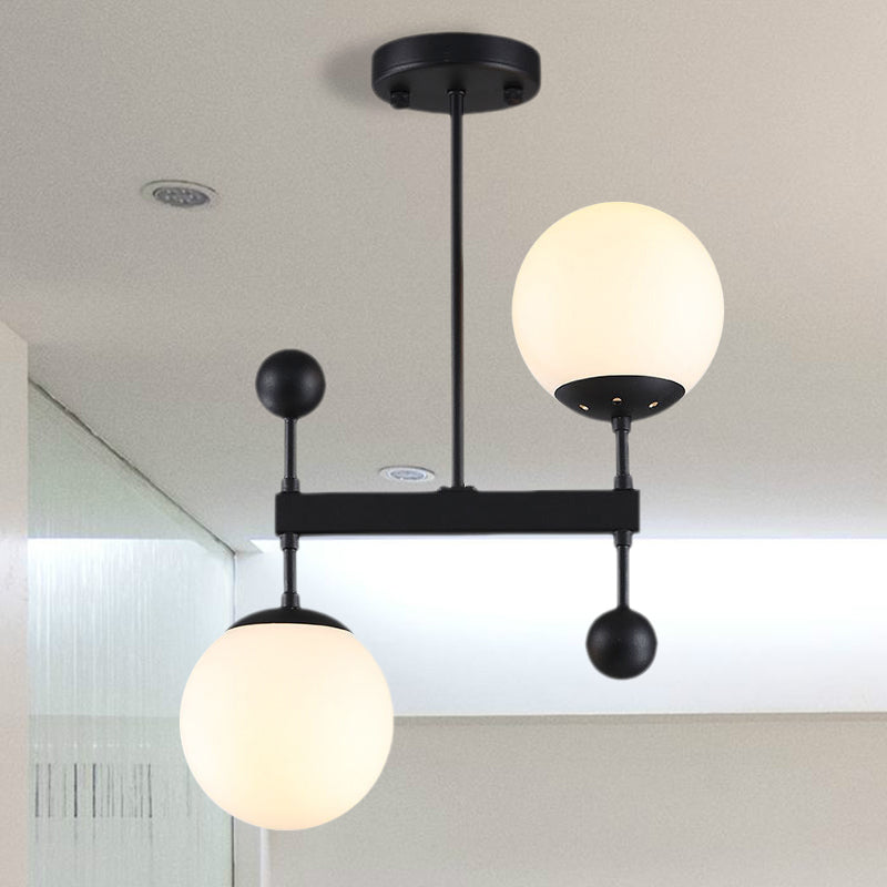 Modern Black/Gold Round Chandelier - 2-Light Led Ceiling Lamp With Milky Glass