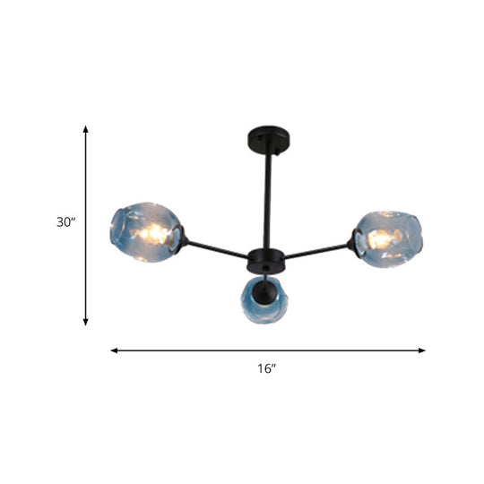 Modernist Hanging Chandelier - Black/Chrome Sputnik Suspension Pendant With Blue/Amber Glass Shade