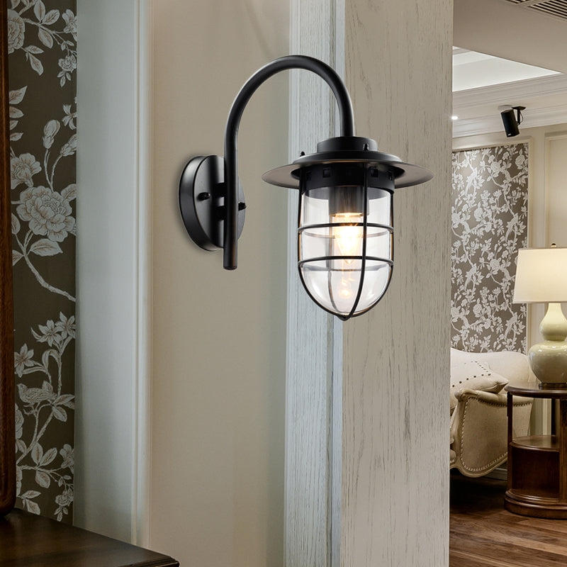 Coastal Black/Nickel Wall-Mounted Caged Light Fixture With Clear Glass Bulb For Living Room