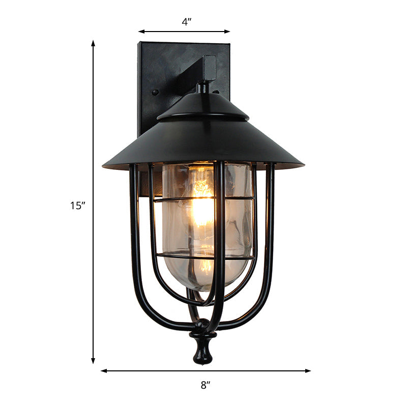 Industrial Black Caged Wall Sconce With Clear Glass - Living Room Lighting Fixture