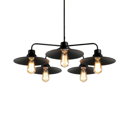 Industrial Round Black Chandelier Pendant Light - Vintage Style, Metallic Finish, with Hanging Rod - 3/5 Lights