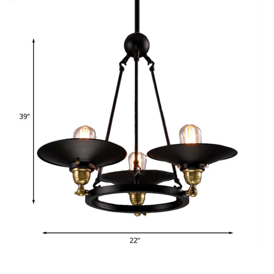 Vintage Style Metal Ring Chandelier with Flared Shade - 3/6 Lights - Dining Table Pendant Lighting in Black