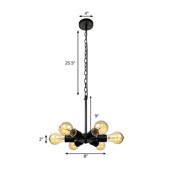 Industrial Exposed Pendant Light - Adjustable 6-Bulb Metallic Chandelier For Study Room (Black)